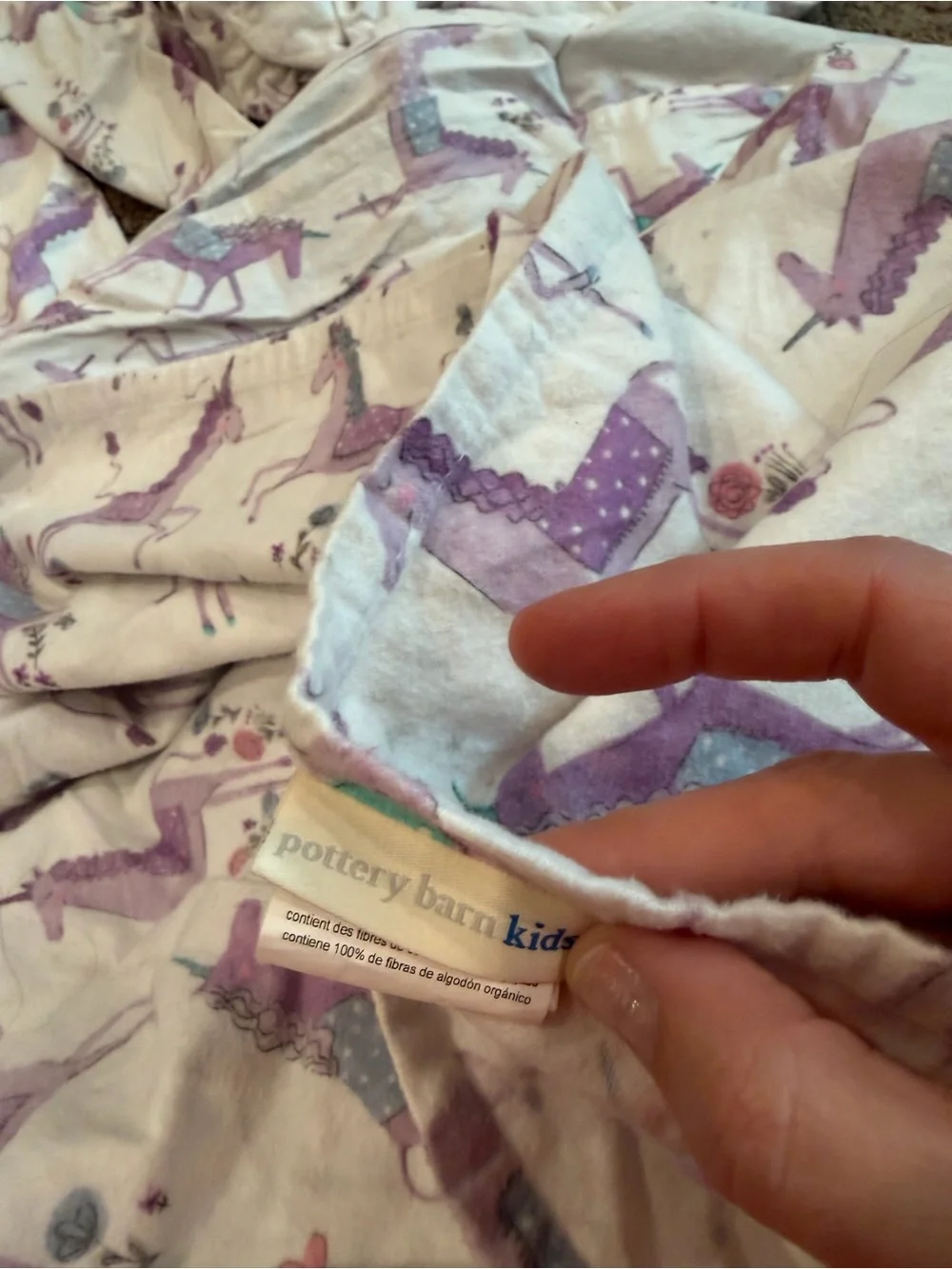 Pottery Barn Kids Full Size Organic Cotto. Purple Unicorn Flannel Sheet set